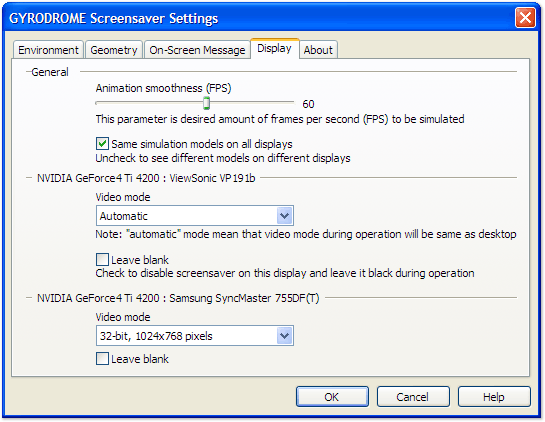 Radar Screensaver configuration window screenshot: "Display" tab