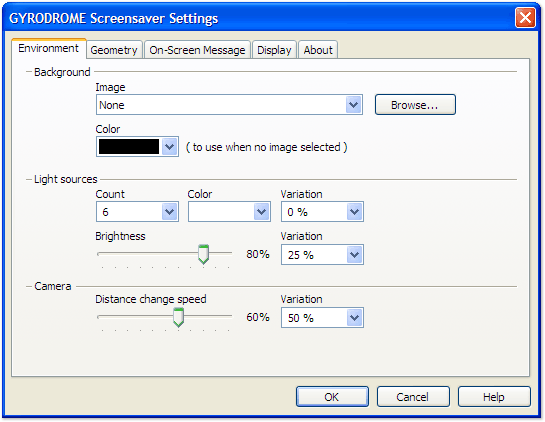 GYRODROME Screensaver configuration window screenshot: "Environment" tab