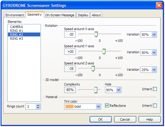 GYRODROME Screensaver configuration window screenshot: "Geometry" tab