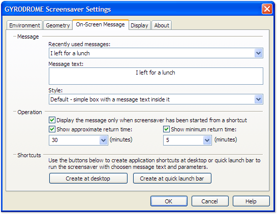 Radar Screensaver configuration window screenshot: "Message" tab